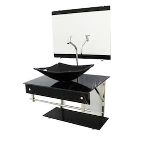 Gabinete Vidro 60Cm Iqx Inox Cuba Retangular Mármore Preto