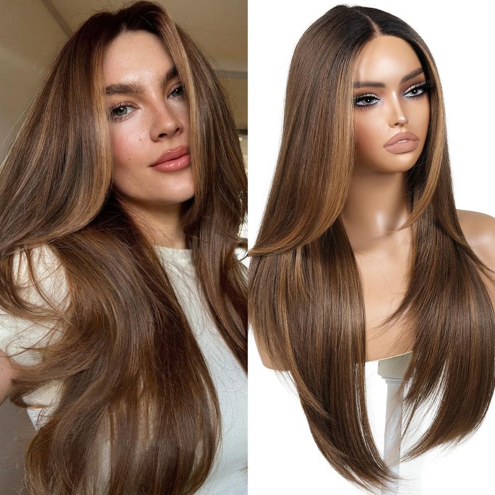 Peruca sem cola ENCOUNTERY Brown/Blonde Highlight 26" com franja