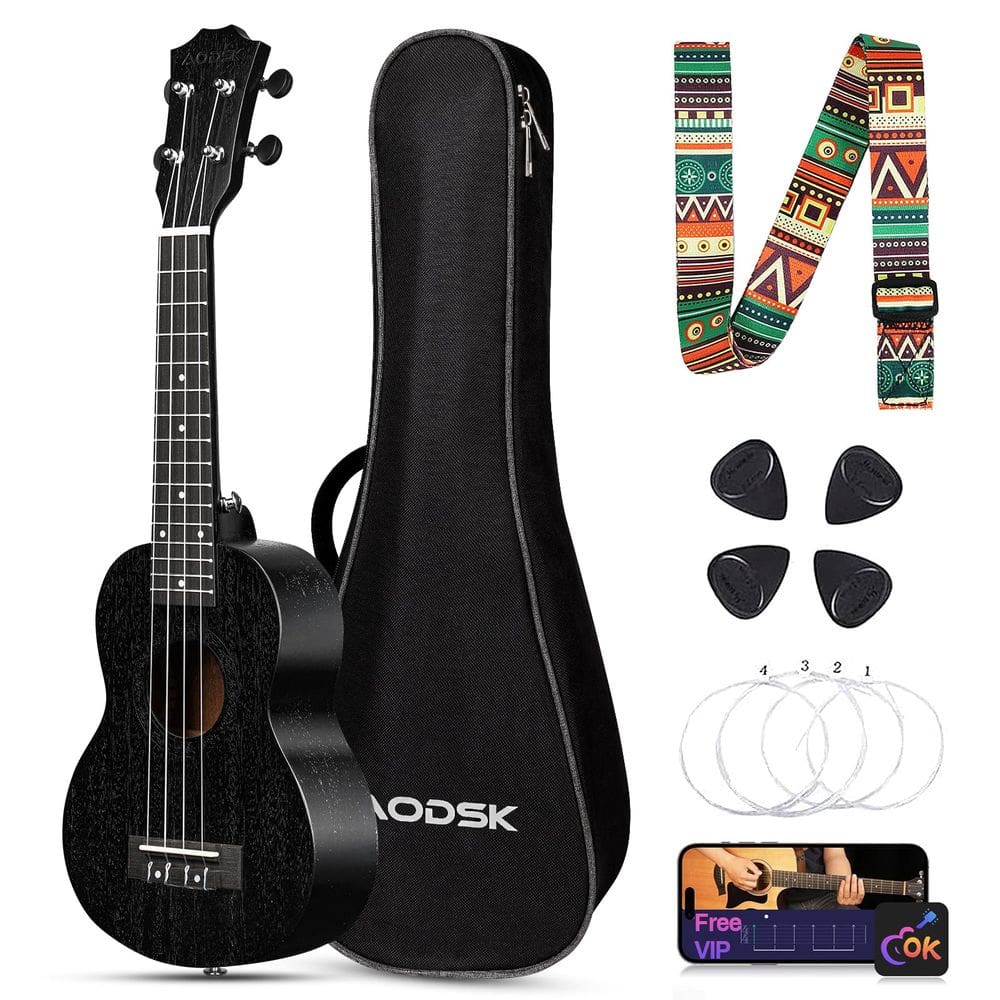 Ukulele preto AODSK Concert para iniciantes, 23 polegadas, Uke, com alça de nylon, 4 palhetas, presente de Natal