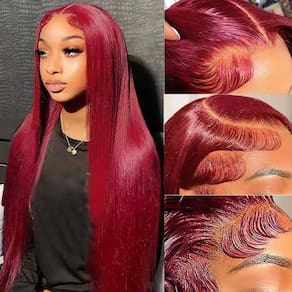 Perucas frontais de renda AUOU 99m Borgonha, cabelo humano liso, 55 cm
