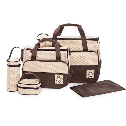 imagem-Kit Bolsa Maternidade Mochila Bebe Trocador Porta Mamadeira Papinha 5 Peças Mala Luxo