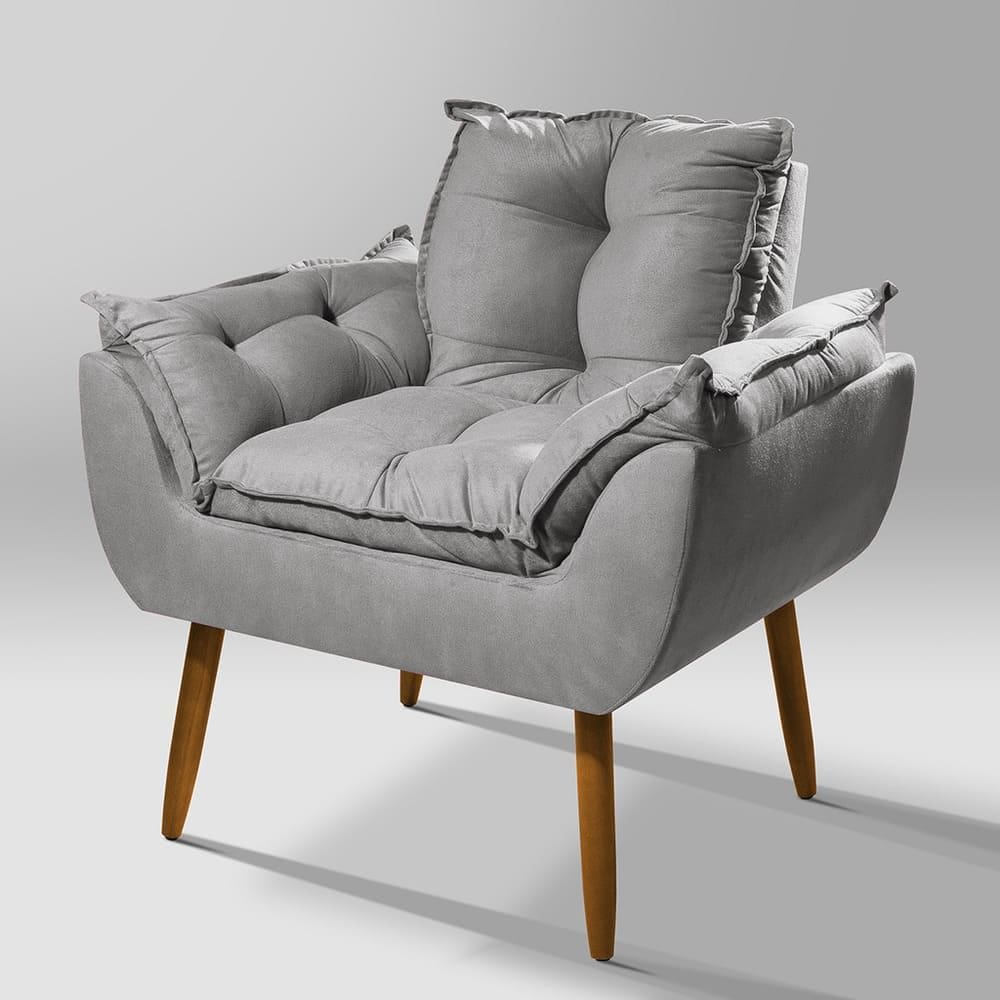 Poltrona para Sala Opalla Suede Cinza Pés Palitos - Vallisa Decor