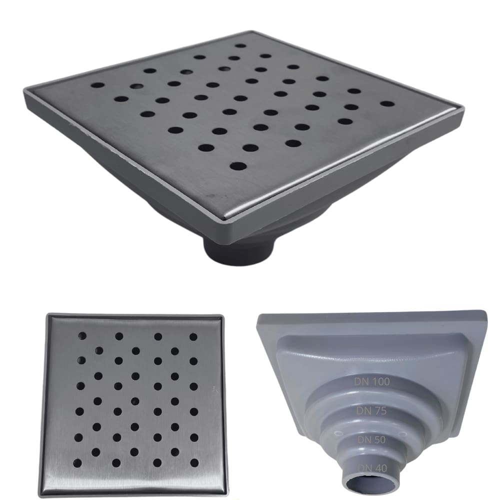 Ralo Anti Odor Inox 304 modelo 15x15 Bolinha Tela e Coletor Cinza Saída Adapt de 40mm até 100mm
