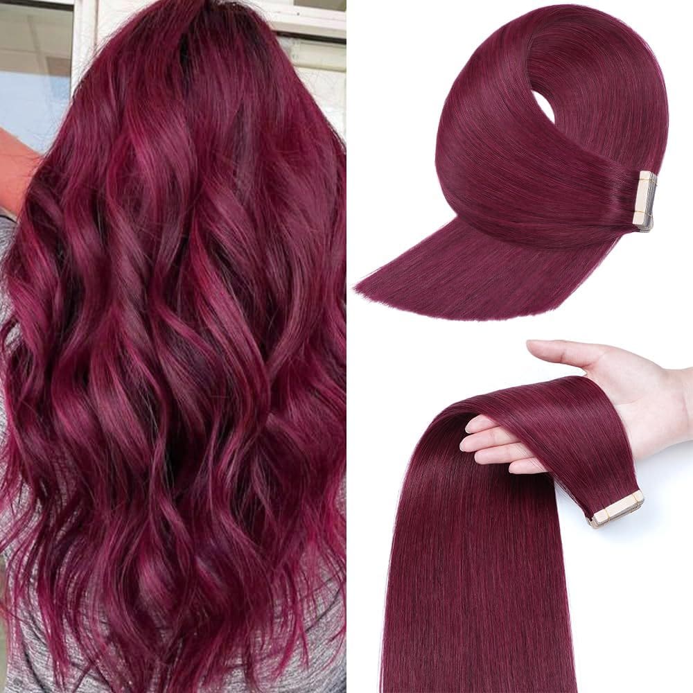 Fita adesiva em extensões de cabelo YNSNR 99J Red Wine Burgundy 55cm