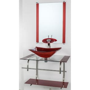 Gabinete De Vidro Banheiro Inox 60Cm Cuba Quadrada Vermelho