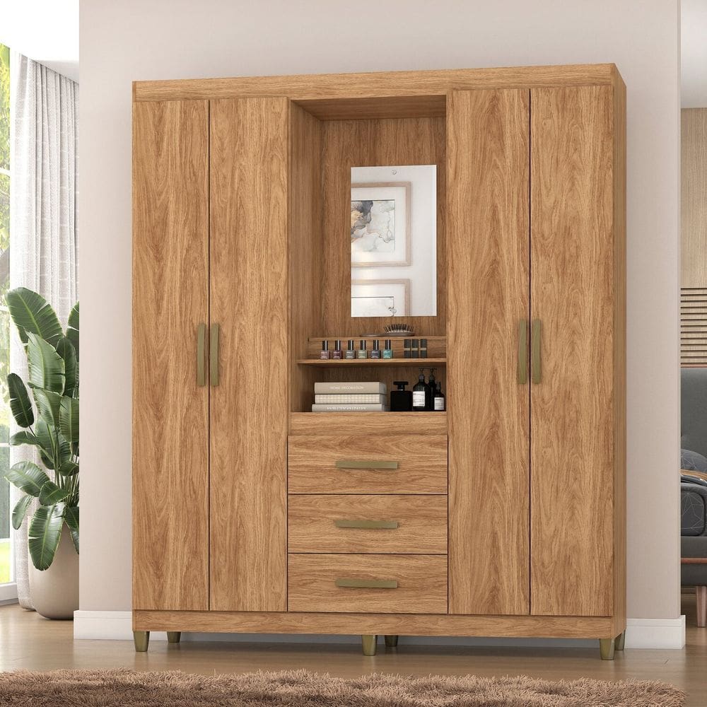 Guarda-roupa Sintra 4 Portas 3 Gavetas com Capelinha e Porta-objetos Mel