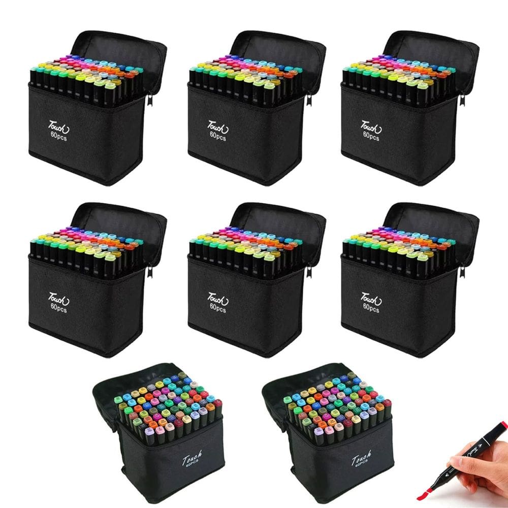 Estojo Canetinha 60 Cores Caneta Permanente Kit 8 Uni Marcador Ponta Dupla Desenho Arte Pintura Curso Escola Faculdade Moda Arquitetura