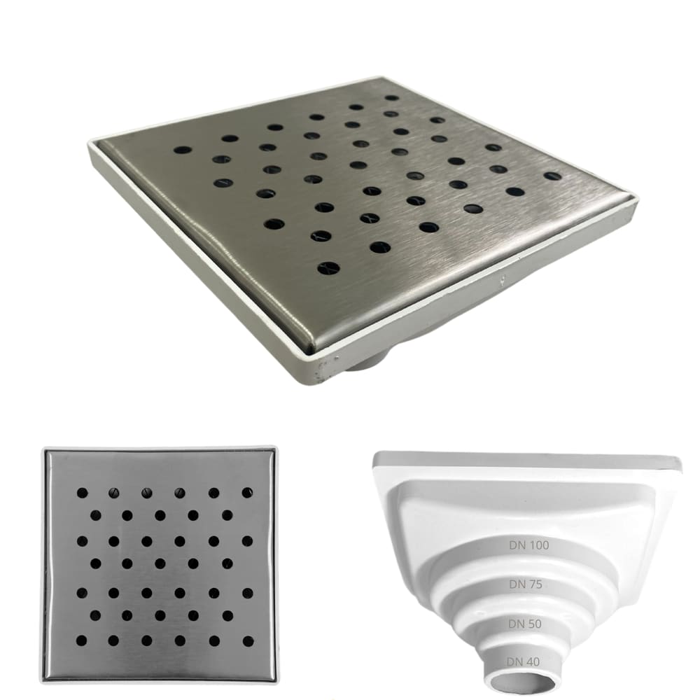 Ralo Anti Odor Inox 304 modelo 15x15 Bolinha Tela e Coletor Branco Saída Adapt de 40mm até 100mm