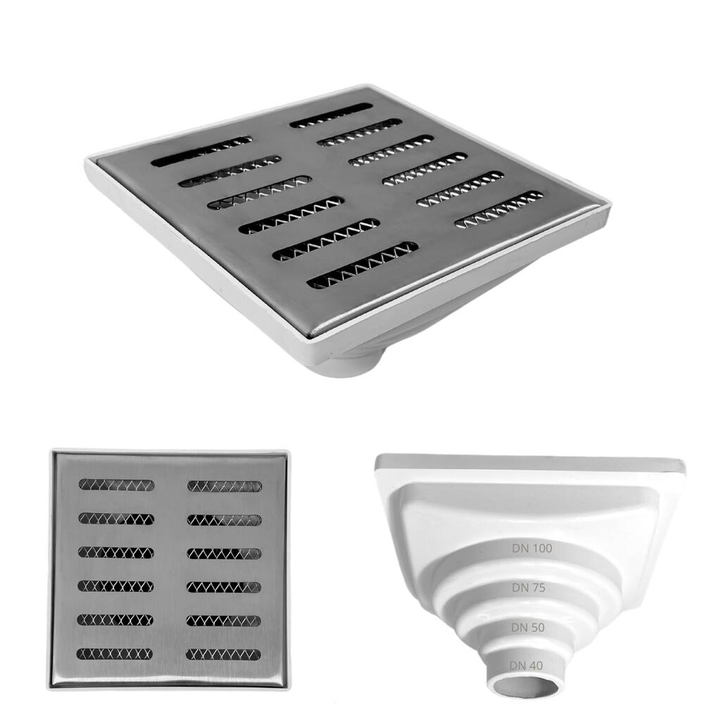 Ralo Anti Odor Inox 304 modelo 15x15 Tradicional Tela e Coletor Branco Saída Adapt de 40mm até 100mm