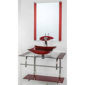 Gabinete Vidro Banheiro Inox 60Cm Cuba Retangular Vermelho