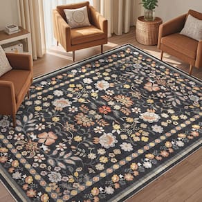 Tapete Area UERMEI Lavável Boho Vintage Floral 5 x 7 pés Preto Cinza