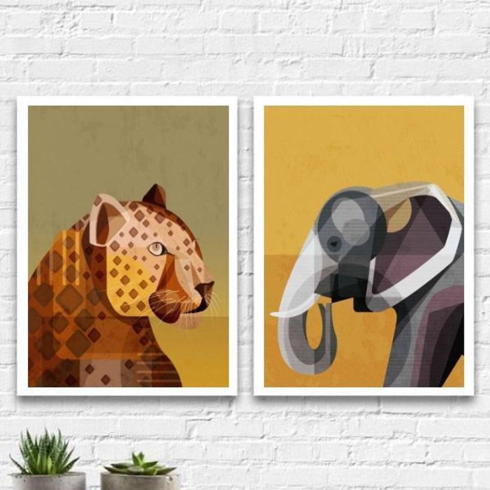 Kit 2 Quadros Arte Animais Geométricos 45X34Cm