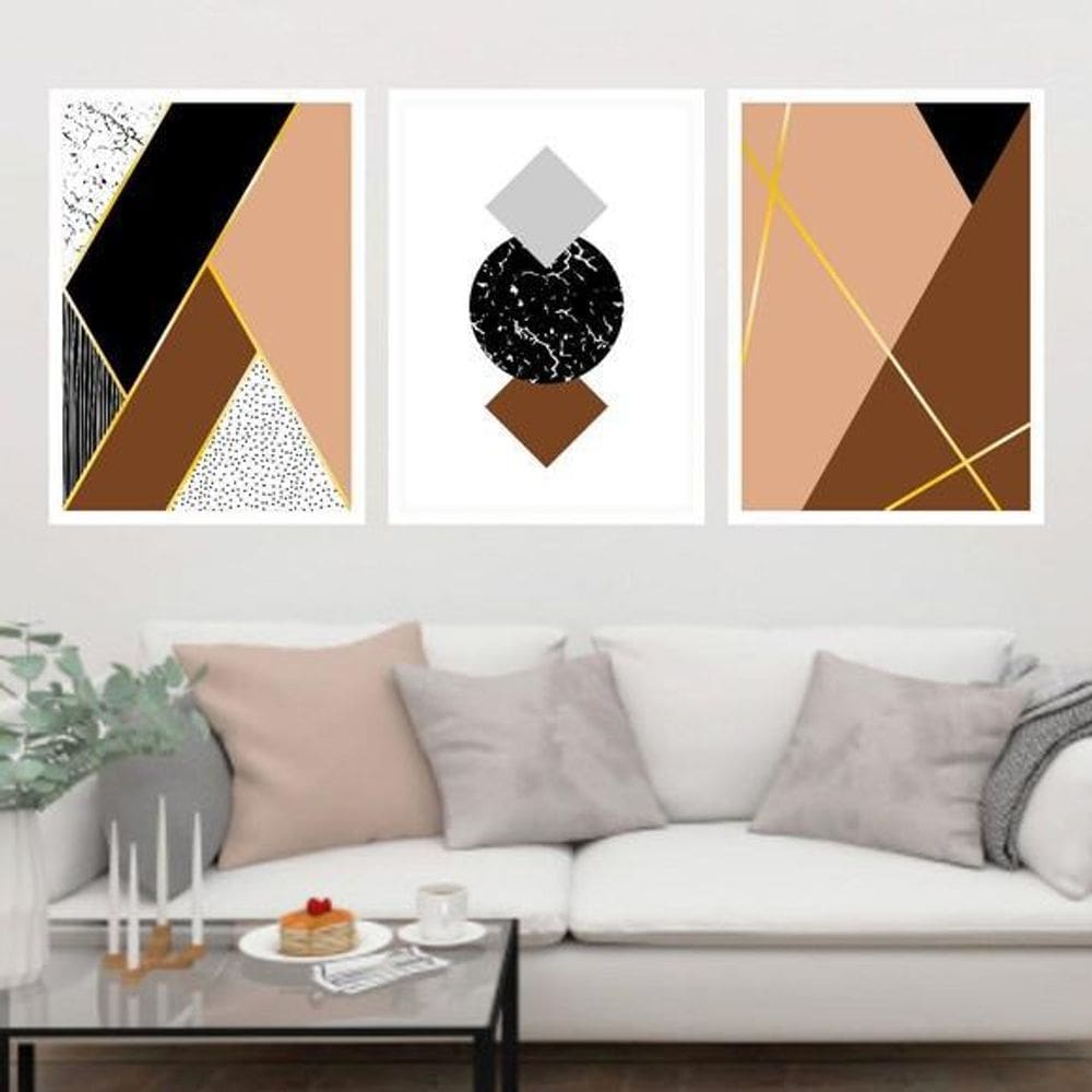 Kit 3 Quadros Geométrico Marrom E Preto 45X34 Moldura Branca