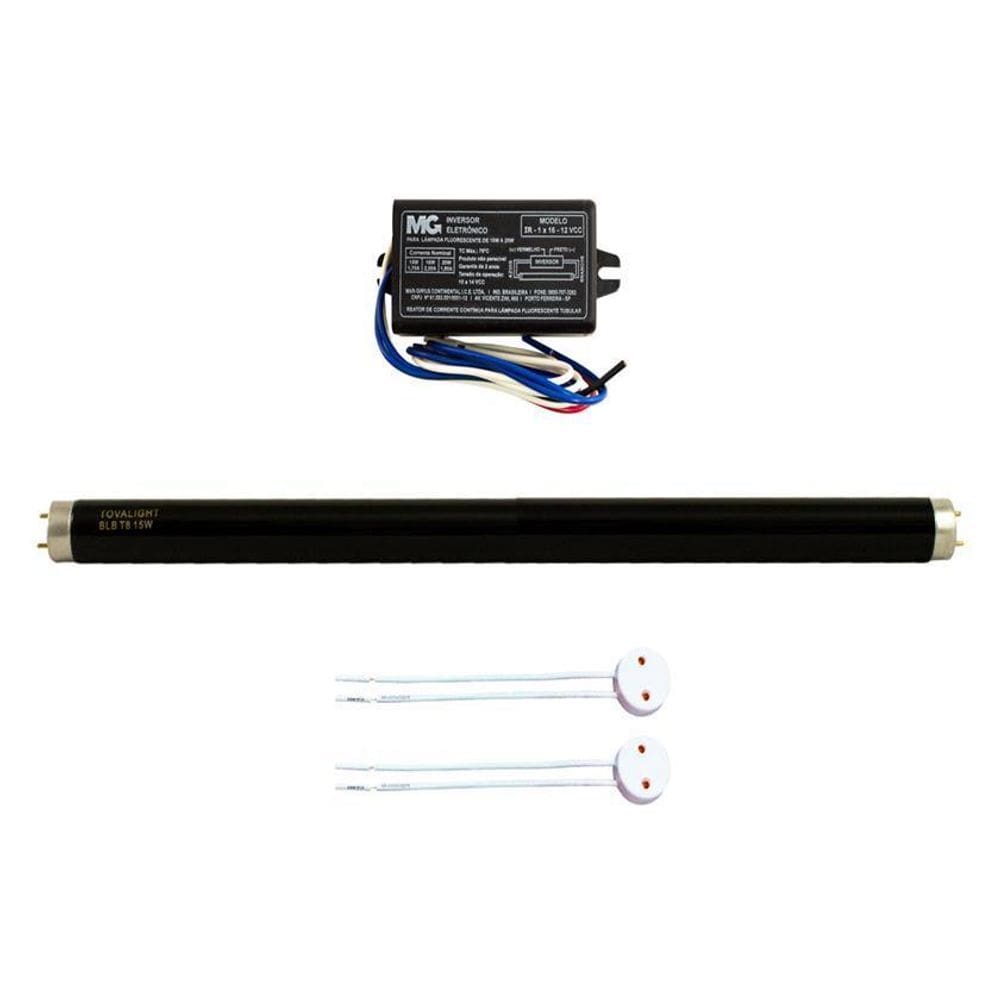 Kit Lâmpada 15W Luz Negra Blb 45Cm+ Inversor 12V+ Soquete T8
