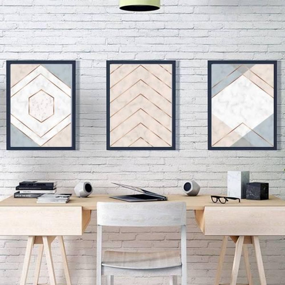 Kit 3 Quadros Geométricos Rosa E Lilás 24X18Cm - Com Vidro