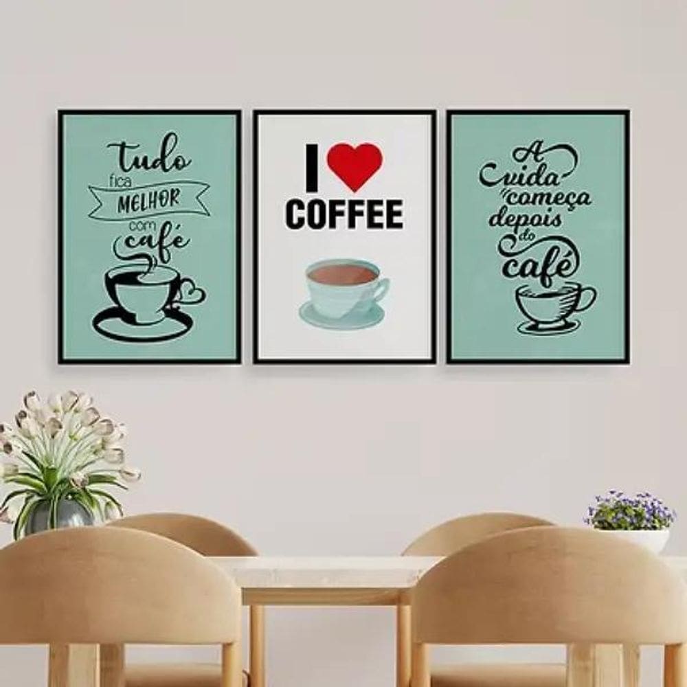 Kit 3 Quadros I Love Coffee 33X24Cm Com Vidro Madeira Preta