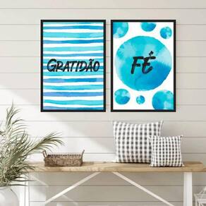 Kit 2 Quadros Gratidão E Fé Azul 34X23Cm - Moldura Branca