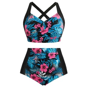 Roupa de banho feminina Hanna Nikole, 2 peças, folhas azuis e rosa 22+