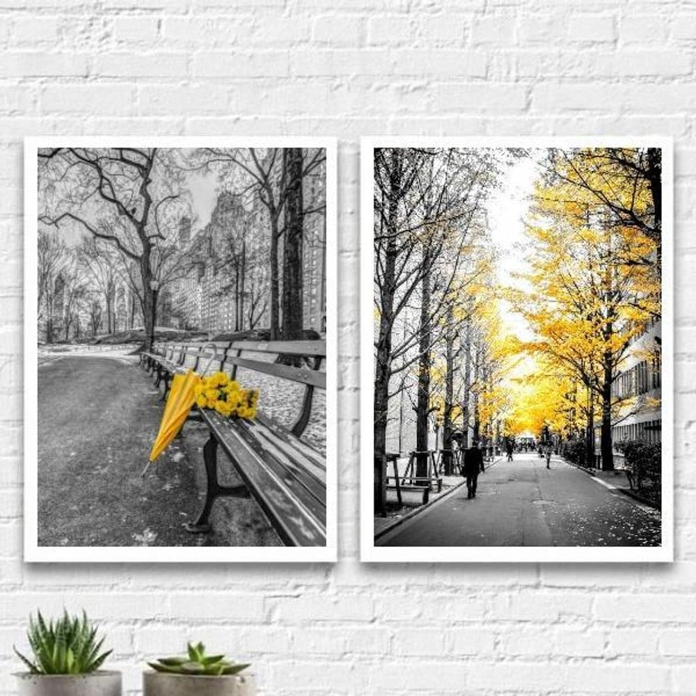 Kit 2 Quadros Cidades Flores Amarelas 33X24Cm Madeira Branca