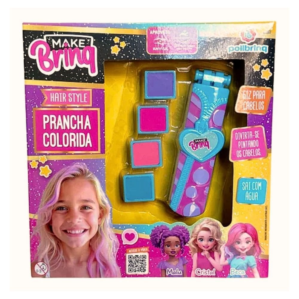 Kit Make Brinq Hair Style Meninas Salão de Beleza Chapinha Cabelo Colorido 4 Giz Polibrinq