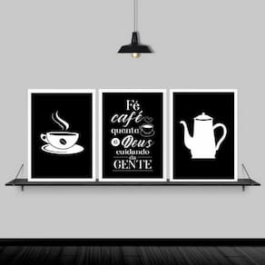 Kit 3 Quadros Decorativos Fé Café Deus 24X18 Vidro - Branca