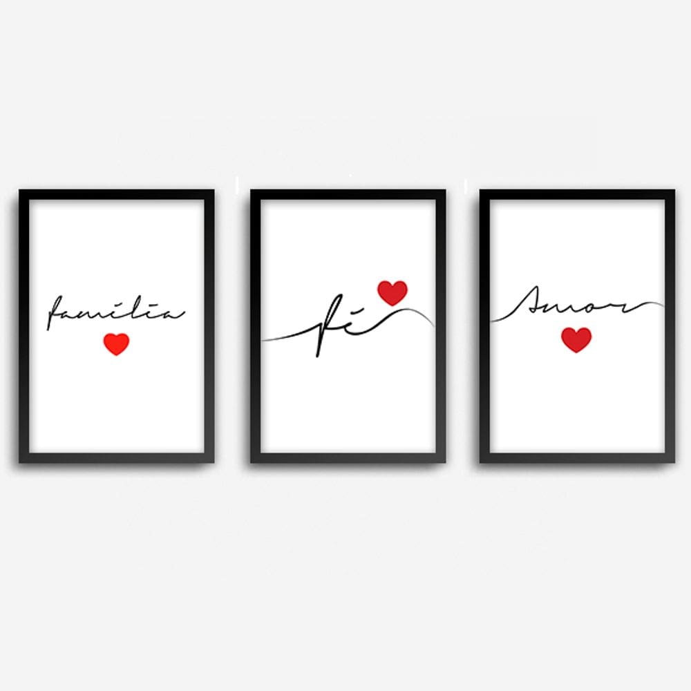 Conjunto Quadros Decorativos Fé Amor Família com Vidro