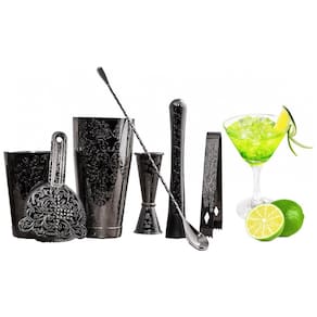 Kit Bartender Profissional 7 Peças em Aço Inoxidável, Sky Fish, Preto