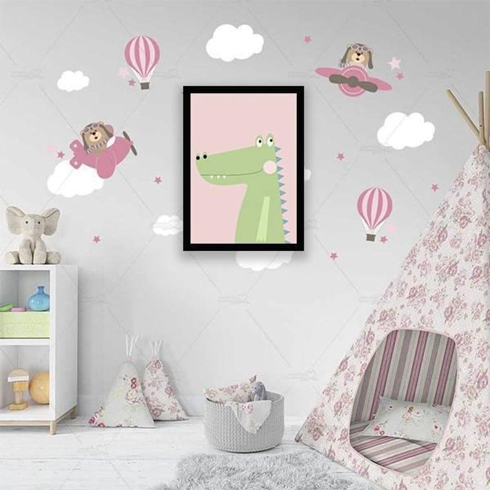 Quadro Decorativo Jacarezinho Verde E Rosa 34x23cm
