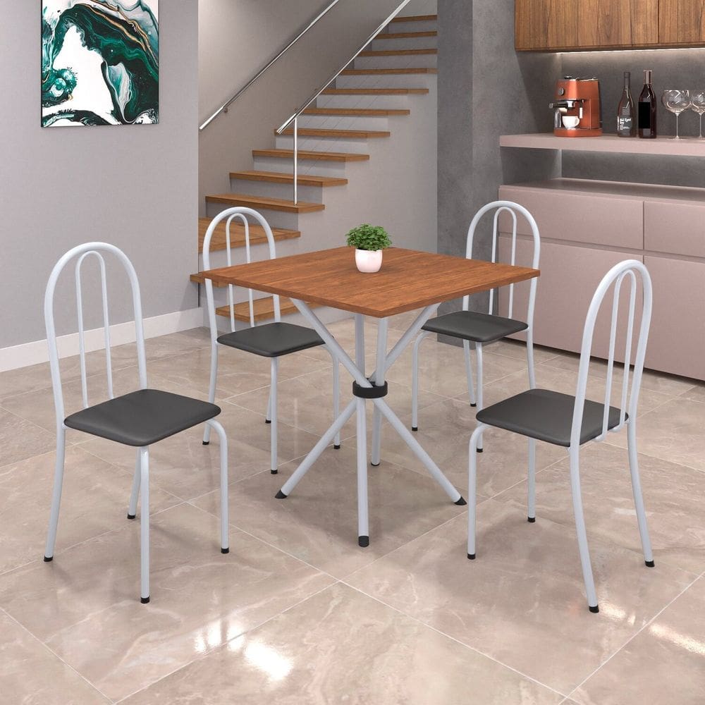 Conjunto de Mesa Tubular 70x70cm Tampo em Mdf com 4 Cadeiras Ane B Preto/ Branco