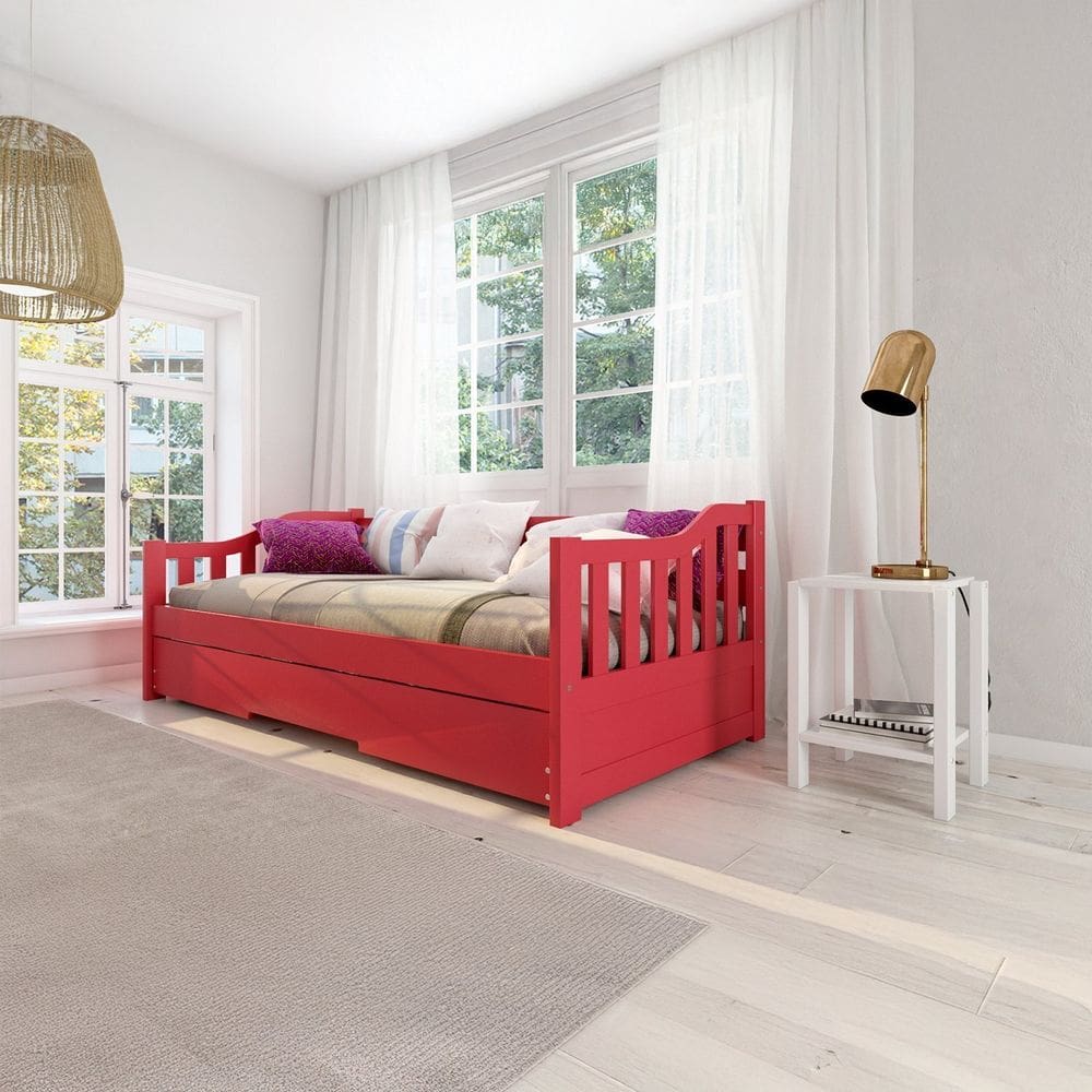 Bicama Solteiro American Estilo Sofá em Madeira Maciça Vermelho