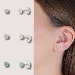 Trio de brincos Quadrados 3mm - Azul/Rosa/Cristal (Leitoso) - Prata 925