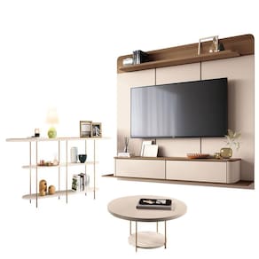 Home Suspenso Galax Castanho Off White e Aparador Infinity e Mesa de Centro Sky Off White- HB Móveis