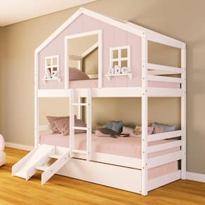 Treliche Casinha dos Sonhos com Escada/ Escorregador Madeira Maciça Rosa/ Branco Housin