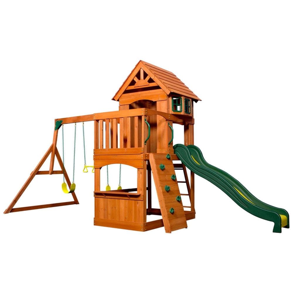 Playground Infantil com Caixa de Areia, Prateleira de Lanches, Parede de Escalada, Escorregador, 2 Balanços e Barra de Acrobacias, Backyard