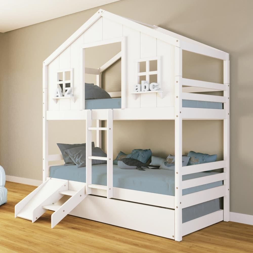 Treliche Casinha dos Sonhos com Escada/ Escorregador Madeira Maciça Branco Housin