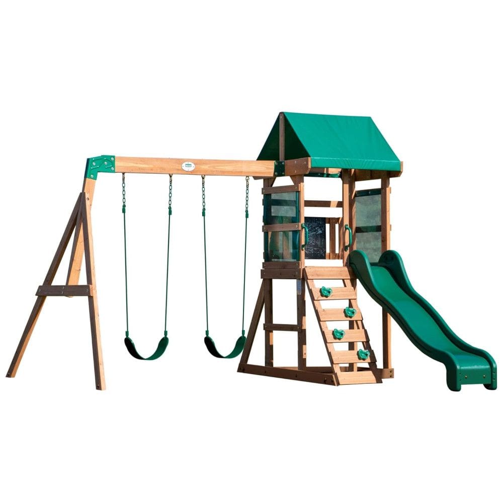 Playground Infantil de Madeira com Caixa de Areia, Parede de Escalada, Escorregador e 2 Balanços, Backyard Discovery, Verde