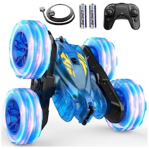 Carrinho de Controle Remoto com Luzes Coloridas e Recarga Rápida USB-C - Veículo RC de Acrobacias 4WD Recarregável, Ideal para Presente -