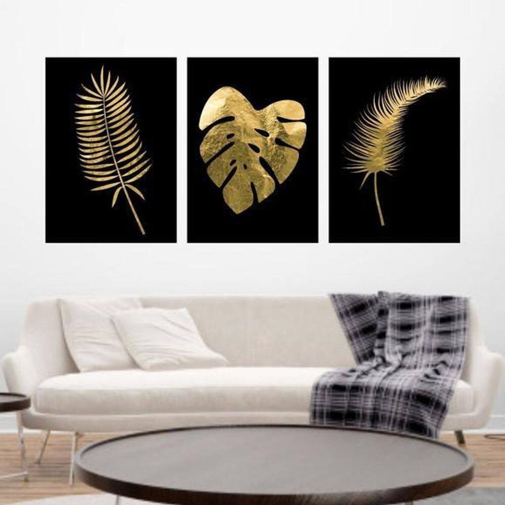 Quadros Folhas Tropicais Dourado Moldura Preta 24X18Cm 3Un