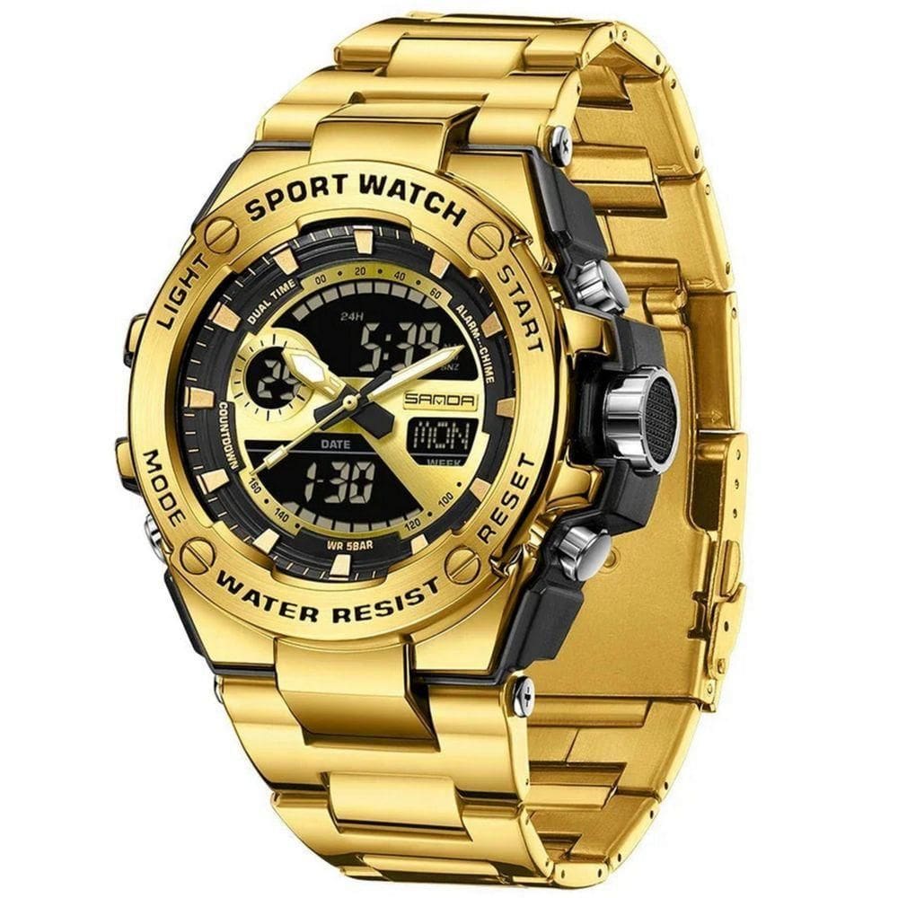 Relógio Dual Display Digital Com Pulseira Silicone Multifuncional Impermeavel Dourado