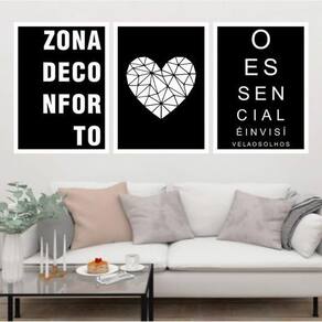Kit 3 Quadros Zona De Conforto Coração 45X34 Moldura Branca