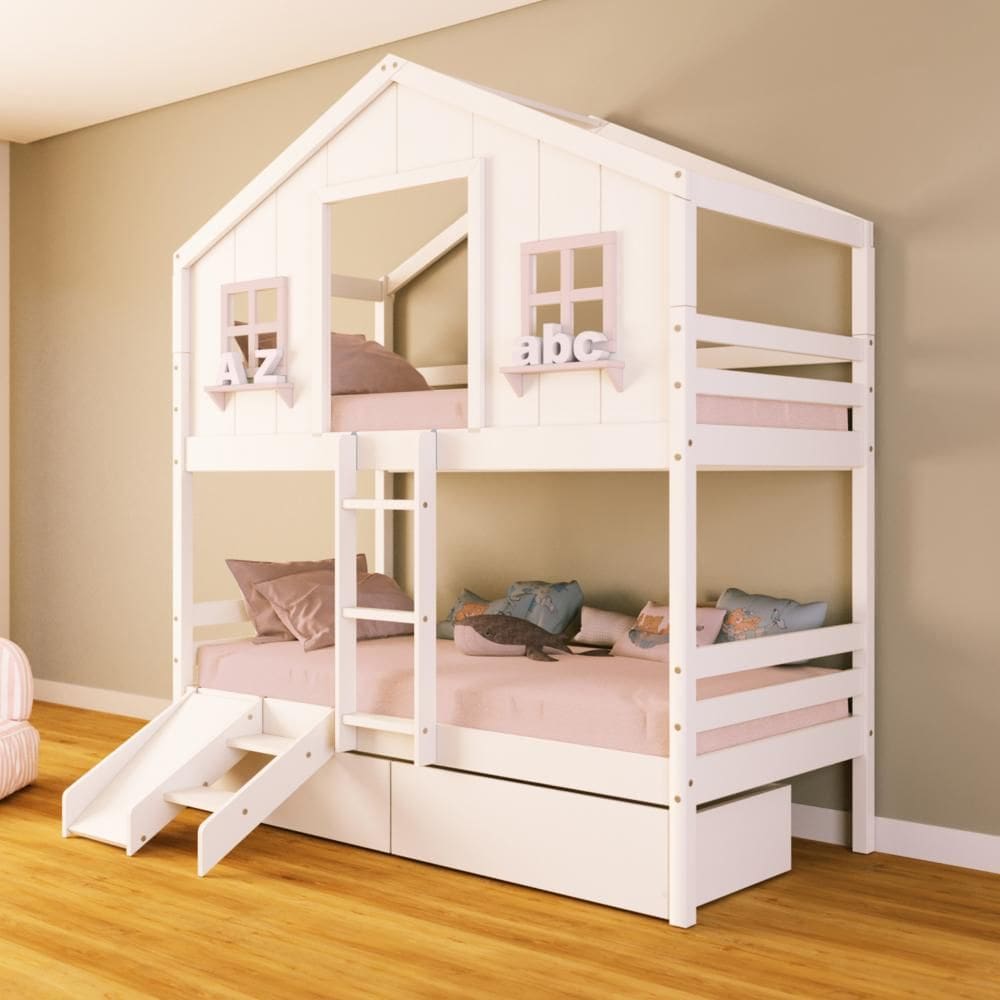 Beliche Casinha dos Sonhos com Escada/ Escorregador e 02 Gavetas Madeira Maciça Branco/ Rosa Housin