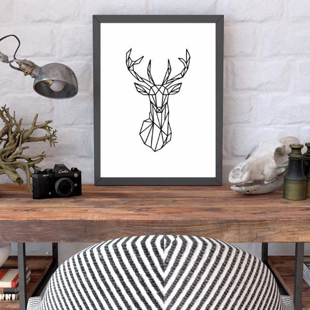 Quadro Decorativo Alce Geométrico 45x34Cm Moldura Preta