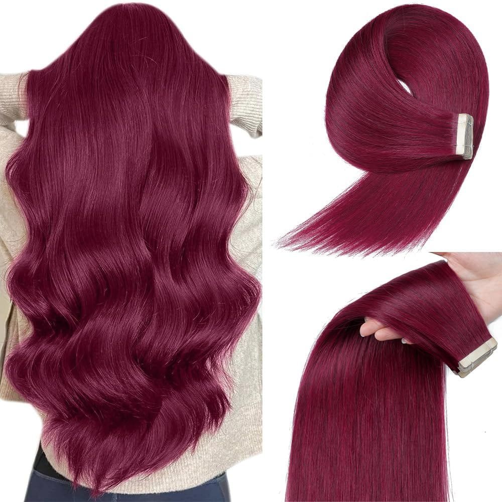 Fita de extensões de cabelo YDDM Burgundy de 45 cm em cabelo humano 100% Remy