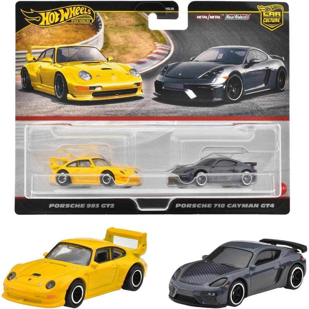 Veículo de brinquedo Hot Wheels HRR82 Premium, pacote com 2 Porsche 993 GT2/Porsche 718 Cayman GT4 para crianças de 3 anos ou mais