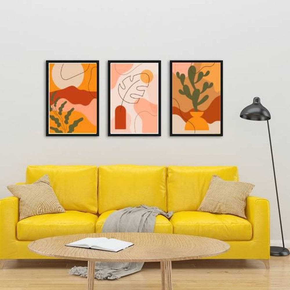 Kit 03 Quadros Decorativos Figurativos Folhagens Alaranjadas