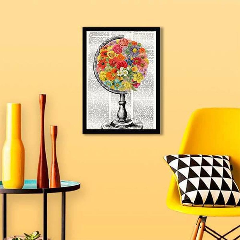 Quadro Decorativo Globo Flores 34X23Cm - Moldura Branca