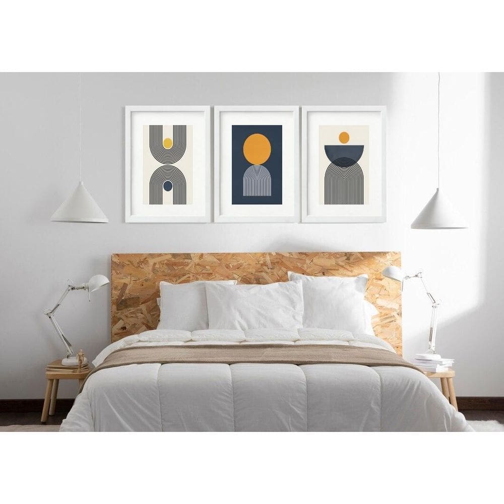 Kit 3 Quadros Grandes Abstratos Circulos Petroleo E Amarelo