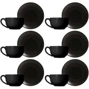Conjunto de 6 Xícaras de Chá com Pires de Cerâmica Preto Acetinado 250ml - Alleanza