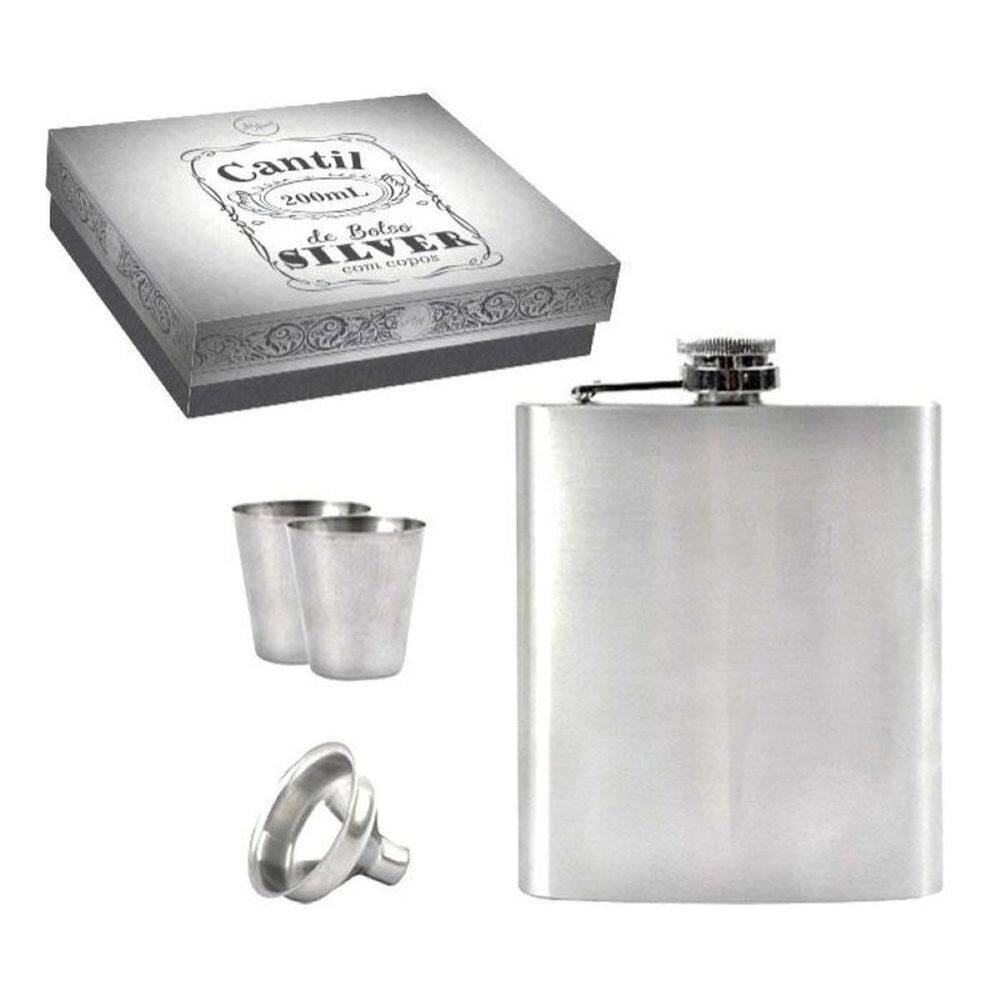 Kit Cantil 200M Inox 2 Copos 1 Funil Porta Bebida De Bolso