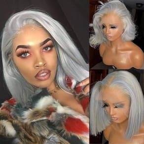Peruca Bob de renda frontal Benafee, cabelo humano cinza, 20 cm, 180% de densidade
